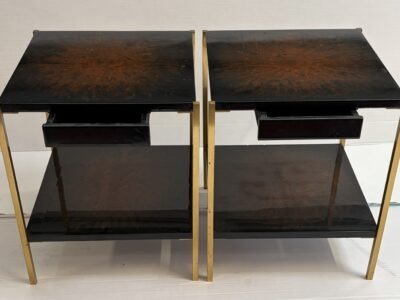 1970s Pair of “Maison Charles” Signed Drawer Tables in Gilded Bronze with Fire-Patterned Tops, 41 x 41 x 50 cm