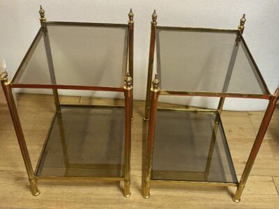 1970s Pair of Two-Tiered Bronze End Tables by Maison Baguès with Smoked Glass Tops, 44 x 34 x H 50 cm