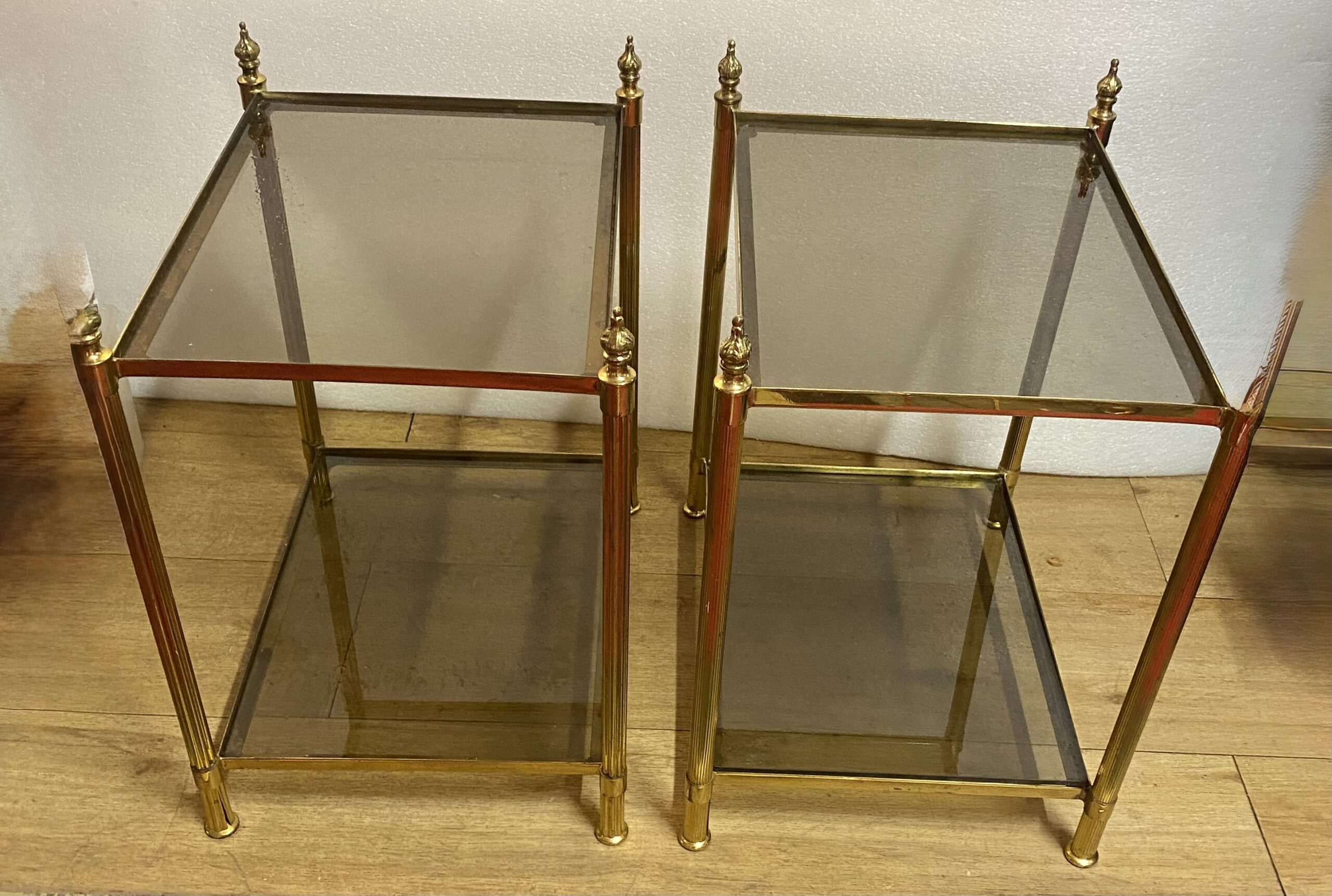 1970s Pair of Two-Tiered Bronze End Tables by Maison Baguès with Smoked Glass Tops, 44 x 34 x H 50 cm