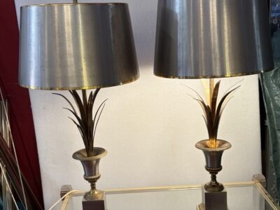1950s–1970s Pair of Reed-Shaped Lamps in Brass and Gilded and Silver-Plated Bronze, Signed Charles