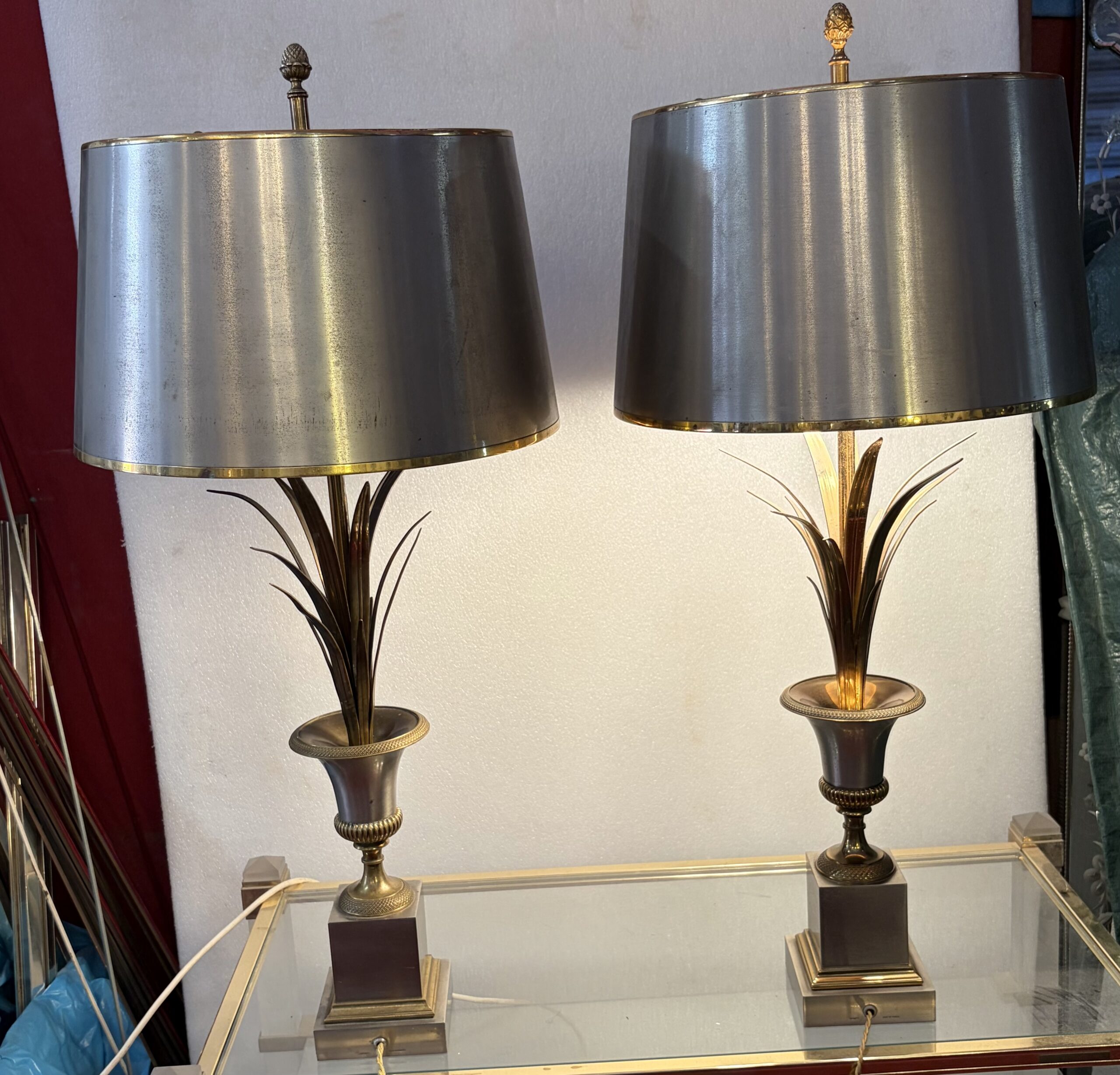 1950s–1970s Pair of Reed-Shaped Lamps in Brass and Gilded and Silver-Plated Bronze, Signed Charles