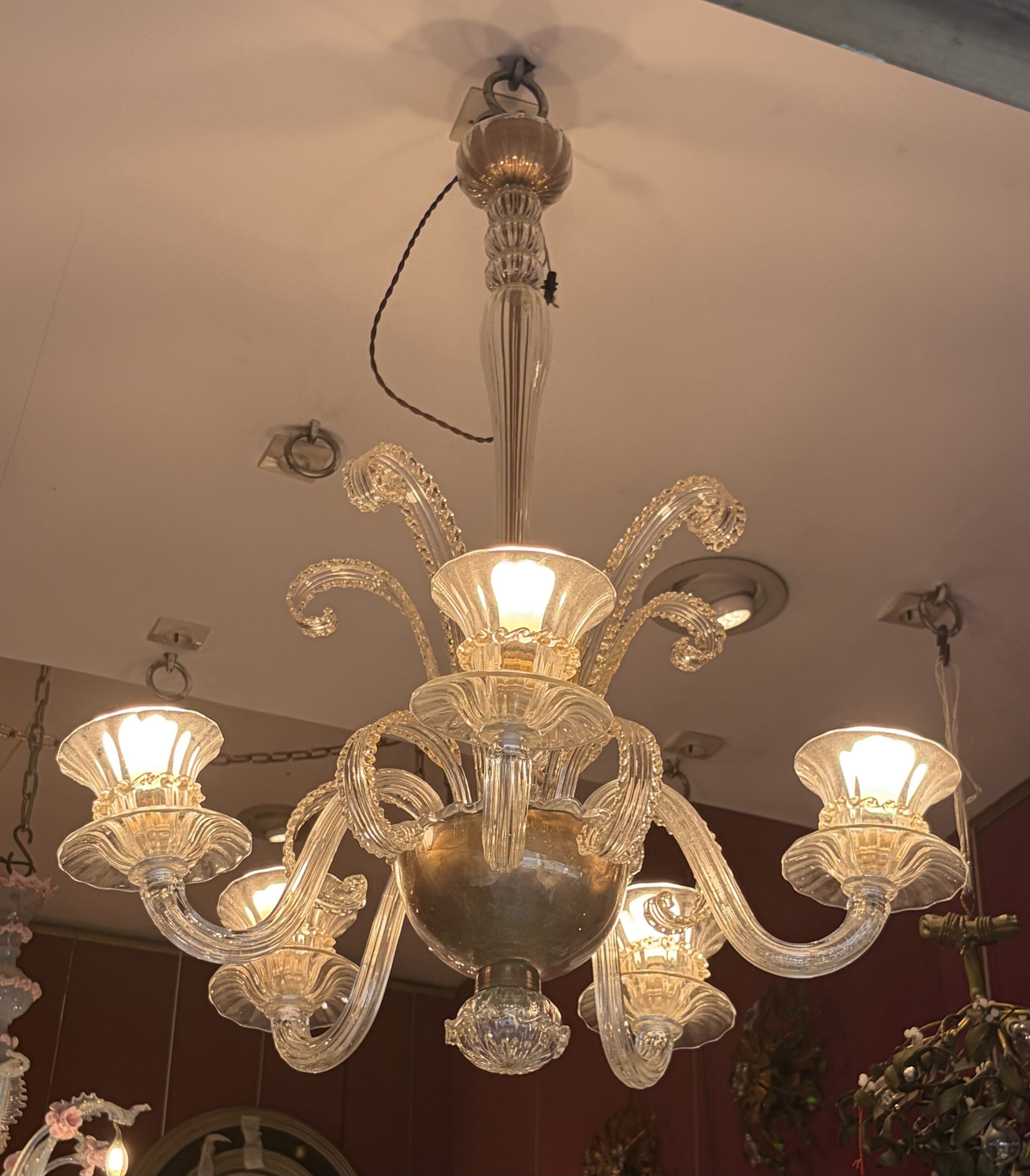 1950s–1970s Barovier & Toso “Jet d’Eau” 5-Arm Chandelier from Murano, H 92, Ø 70 cm