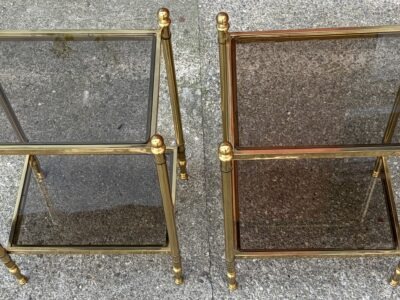 1970s Pair of Two-Tiered Bronze End Tables by Maison Jansen with Smoked Glass Tops, 43 x 33 x H 62 cm