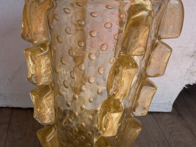 1970′ Vase Cristal Murano Avec Paillons D’ Or Non Signé Barovier i Toso H 36 x 26 cm
