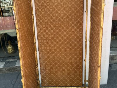 1950s Agostini-Style Gilded Wrought-Iron Screen with Leather-Covered Panels