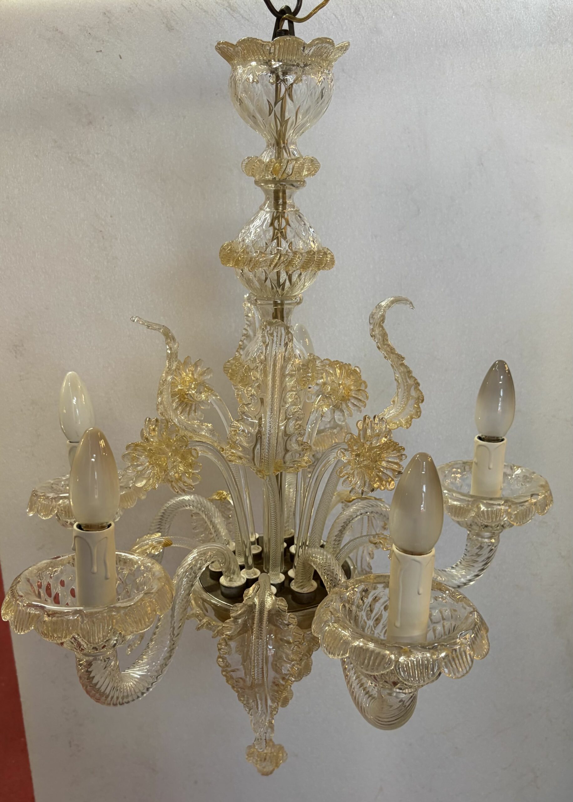 1950s Murano Crystal Chandelier with Gold Leaf Inclusions, 5 Arms, H 65, Ø 51 cm - Image 3