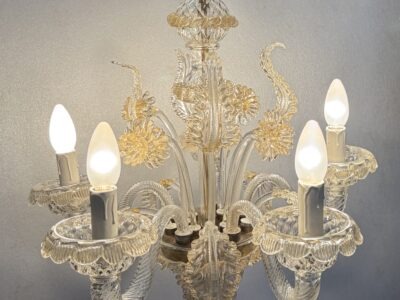1950s Murano Crystal Chandelier with Gold Leaf Inclusions, 5 Arms, H 65, Ø 51 cm