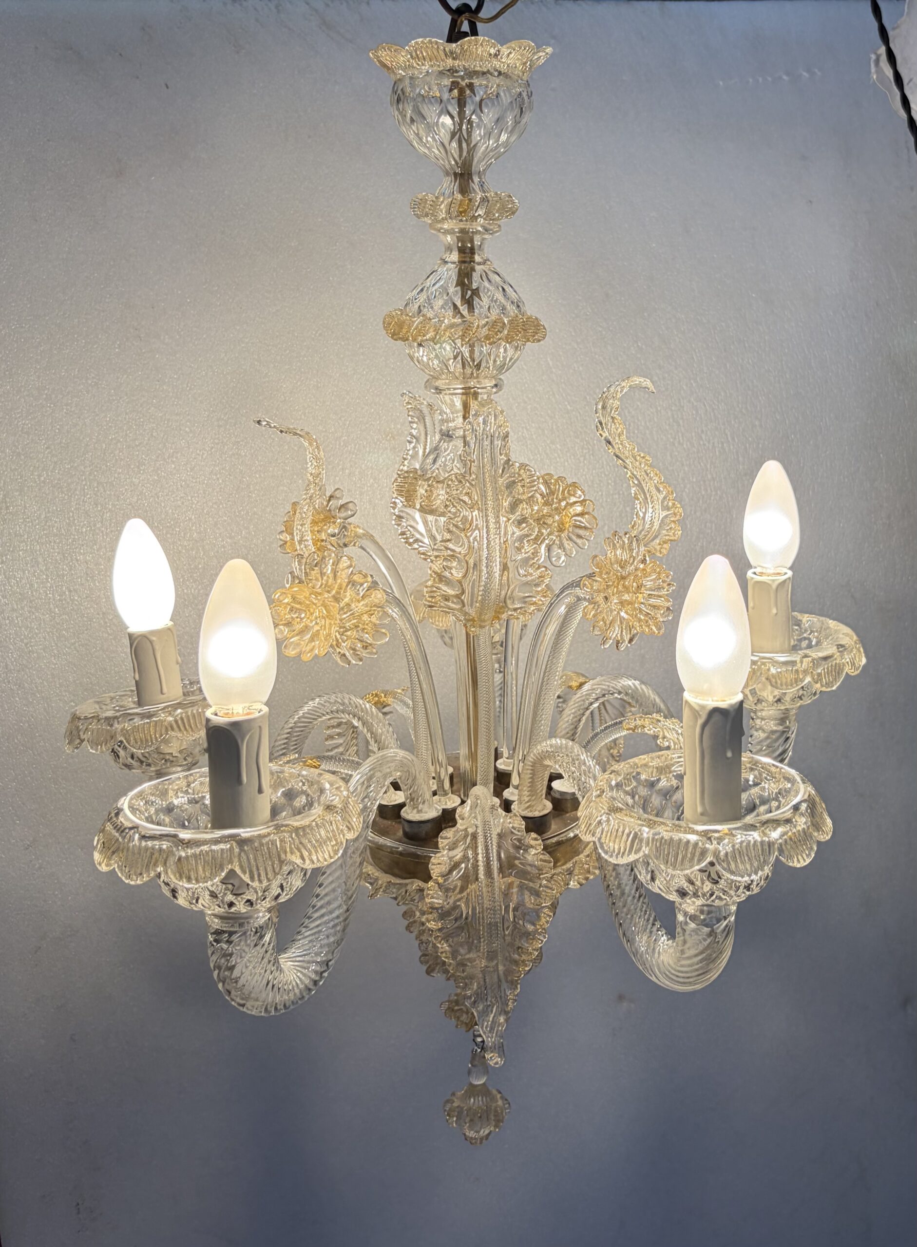 1950s Murano Crystal Chandelier with Gold Leaf Inclusions, 5 Arms, H 65, Ø 51 cm