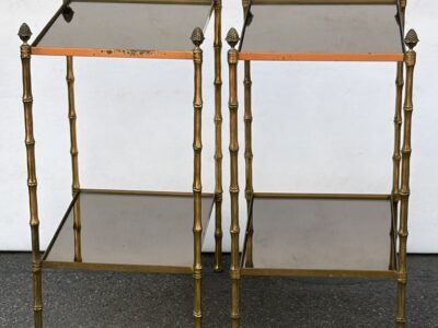 1950s Pair of Maison Baguès Tables with Bamboo-Patterned Bronze Finish and Smoked Glass Tops, 34 x 45 x H 66 cm