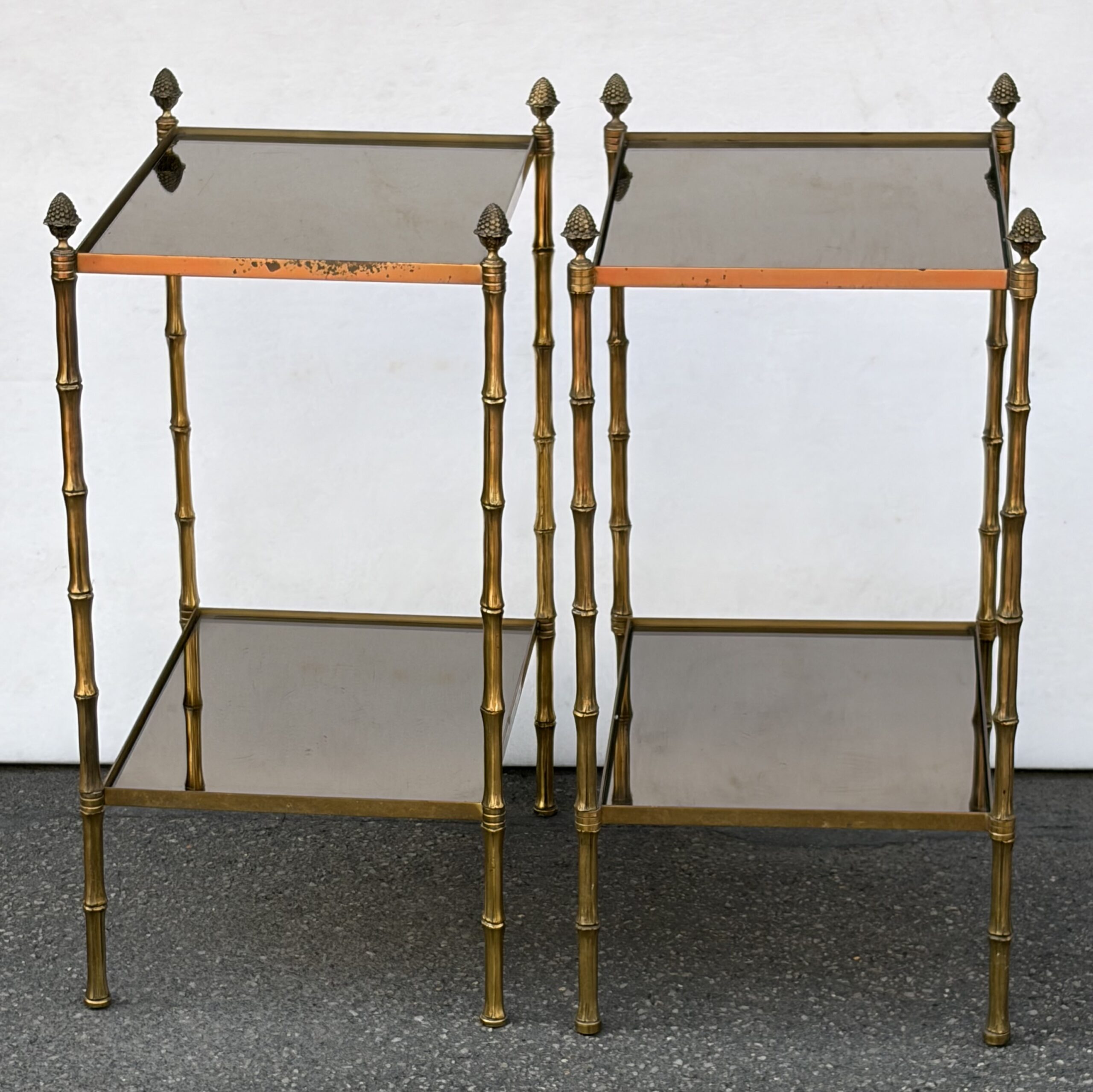 1950s Pair of Maison Baguès Tables with Bamboo-Patterned Bronze Finish and Smoked Glass Tops, 34 x 45 x H 66 cm