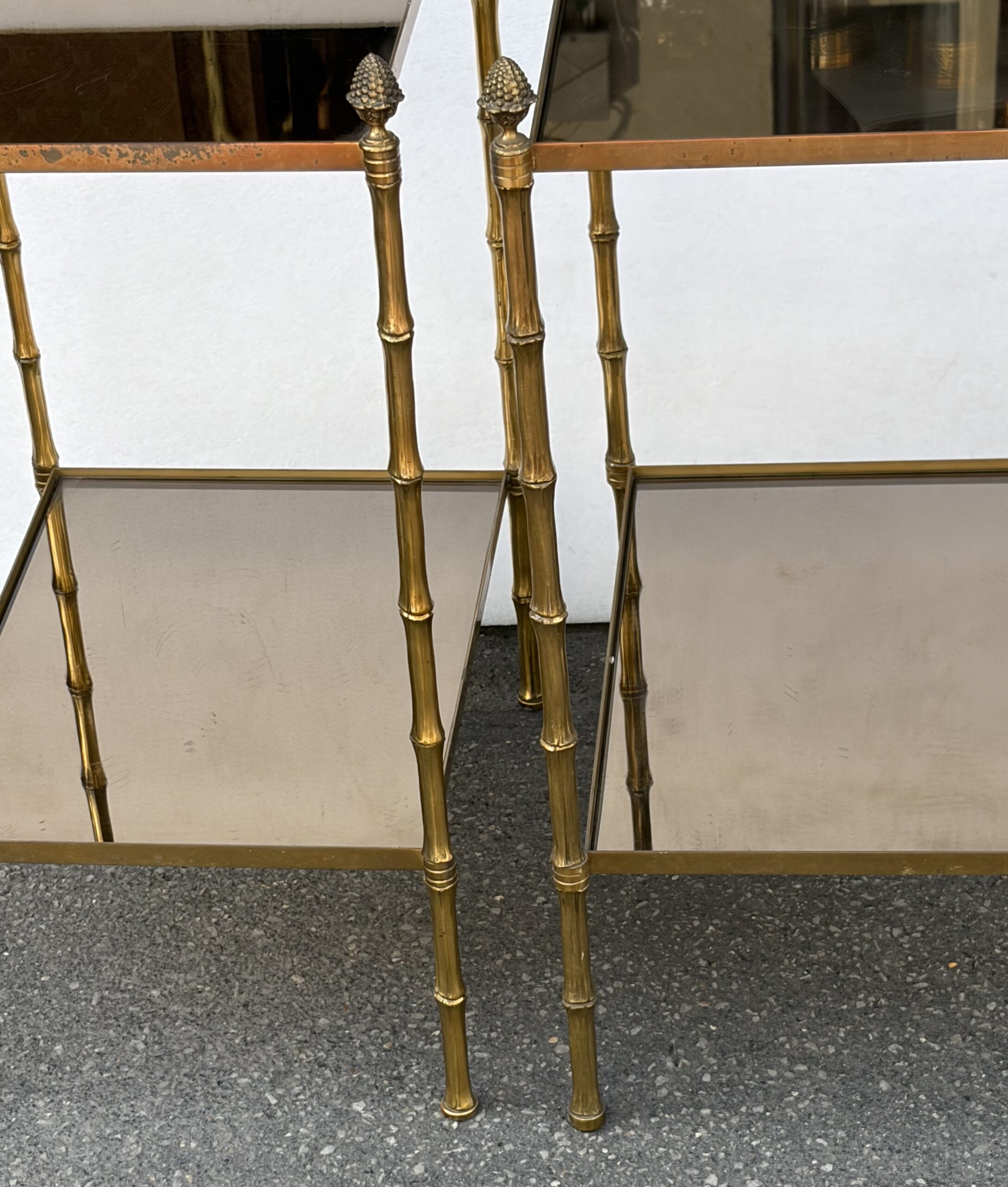 1950s Pair of Maison Baguès Tables with Bamboo-Patterned Bronze Finish and Smoked Glass Tops, 34 x 45 x H 66 cm - Image 12