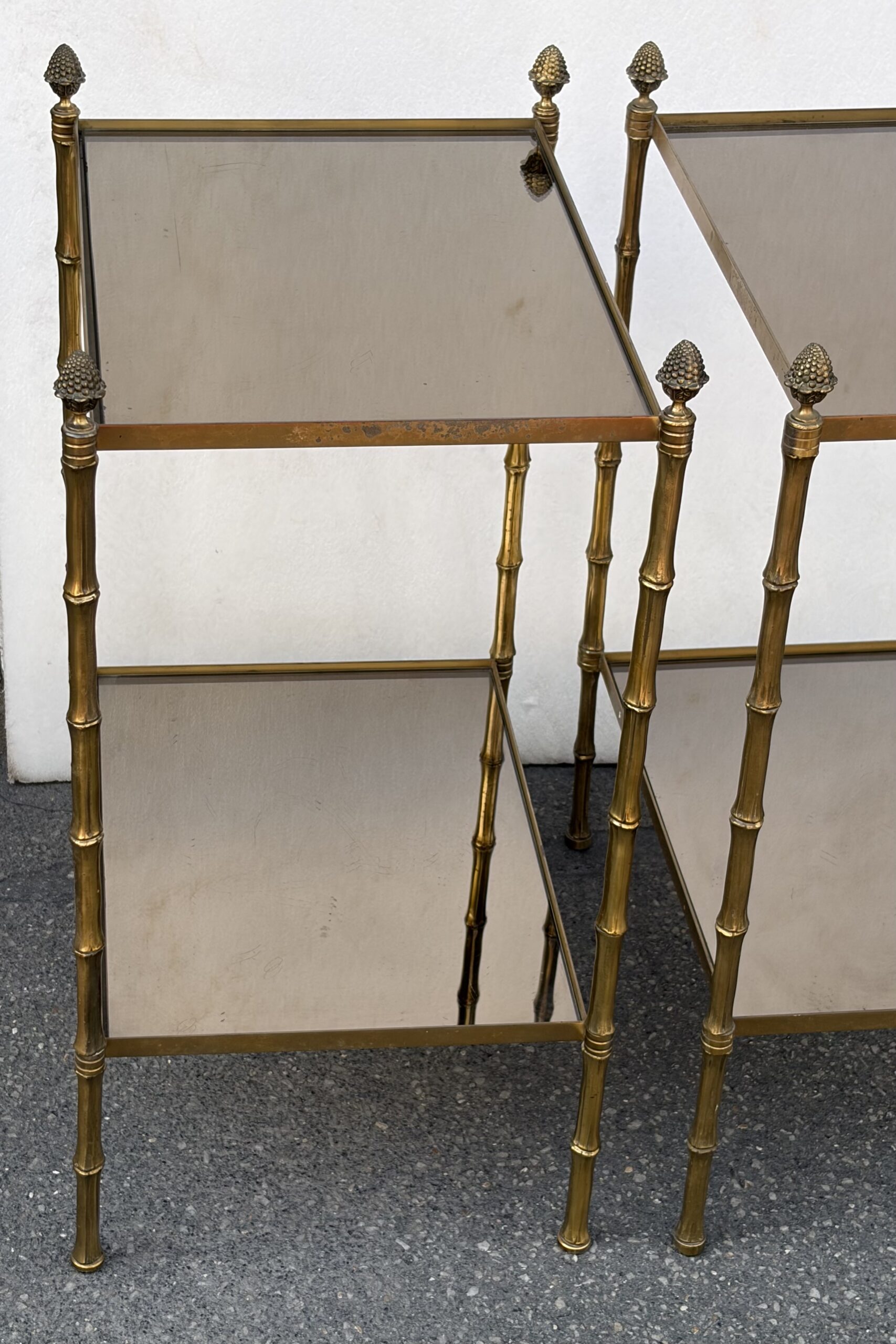 1950s Pair of Maison Baguès Tables with Bamboo-Patterned Bronze Finish and Smoked Glass Tops, 34 x 45 x H 66 cm - Image 10
