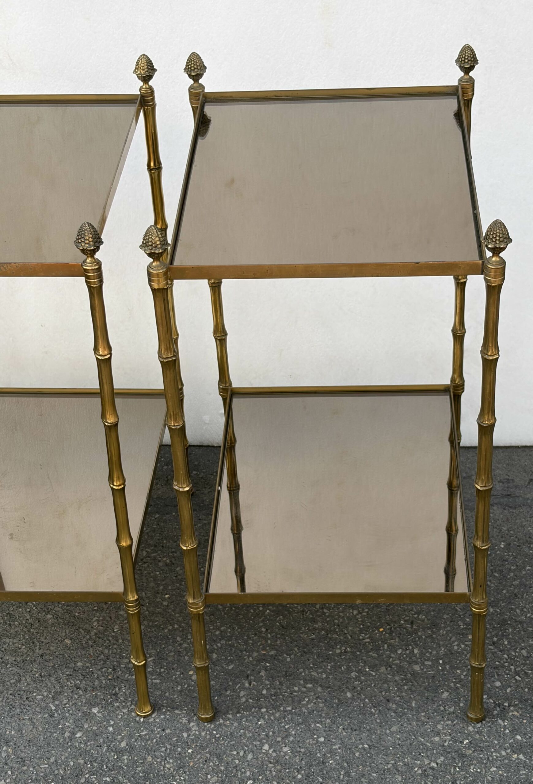 1950s Pair of Maison Baguès Tables with Bamboo-Patterned Bronze Finish and Smoked Glass Tops, 34 x 45 x H 66 cm - Image 2