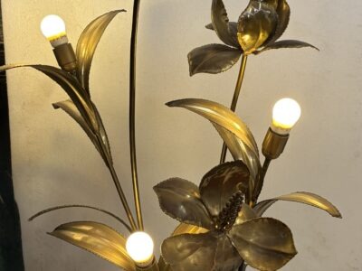 1970′ Lampadaire Palmier, en Laiton Par Barbier, Maison Jansen 3 Têtes Style Brutaliste H: 113 cm