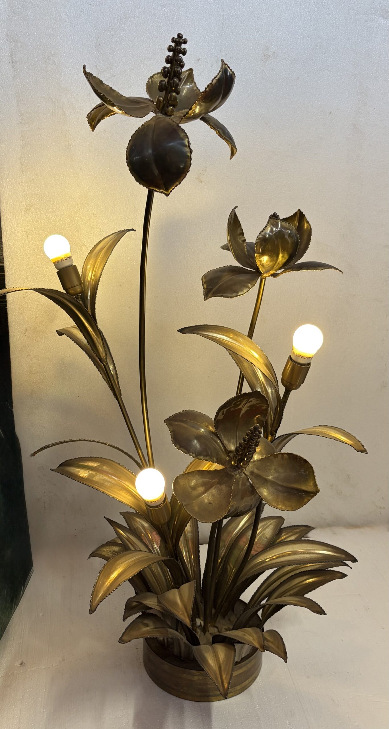 1970′ Lampadaire Palmier, en Laiton Par Barbier, Maison Jansen 3 Têtes Style Brutaliste H: 113 cm