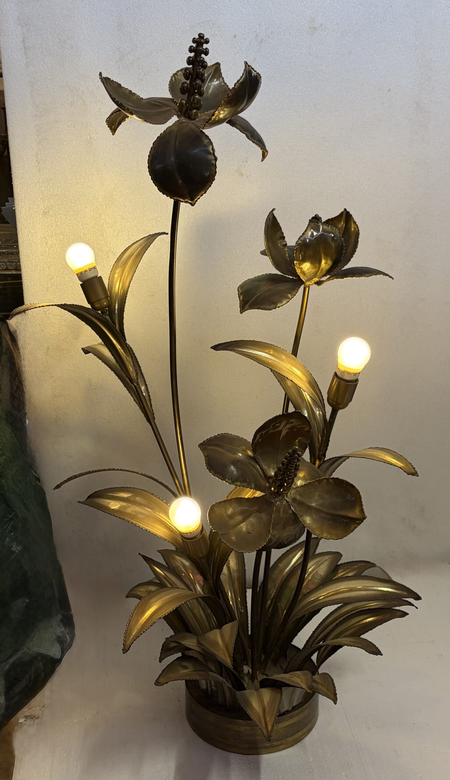 1970′ Lampadaire Palmier, en Laiton Par Barbier, Maison Jansen 3 Têtes Style Brutaliste H: 113 cm – Image 7