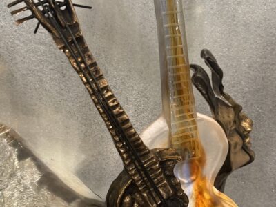 1970/80 Lampe Guitare En Bronze Et Pate De Verre , Sculpture Signée LOHE