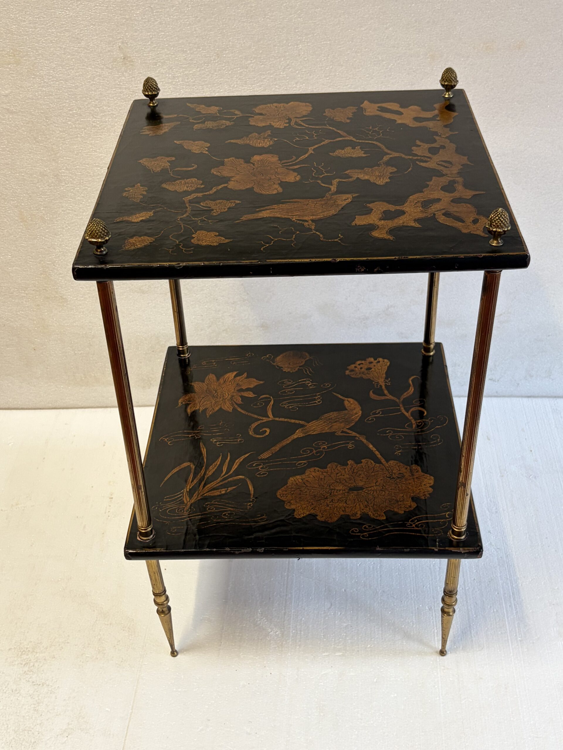 1950/70′ Guéridon Maison Baguès Décor Bambou en Bronze Doré Avec Plateaux Laque de Chine 42X42 Cm H 66 Cm