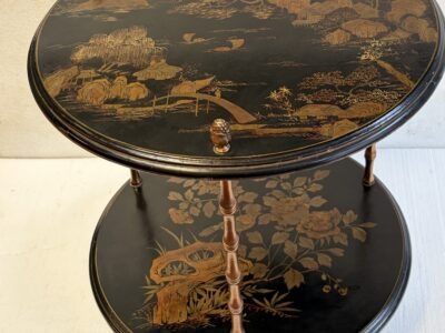 1950/70′ Guéridon Maison Baguès Décor Bambou en Bronze Doré Avec Plateaux Laque de Chine Diamètre 49 Cm H 59 Cm