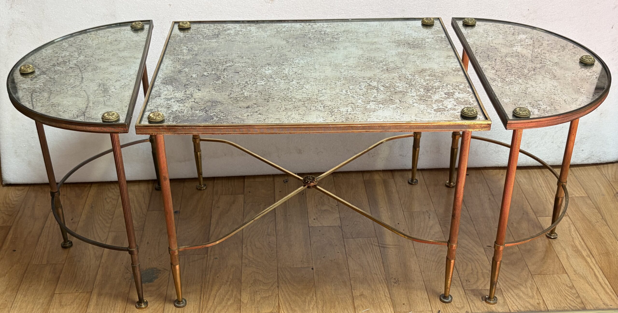 1970s Tripartite Bronze Table, Tops in Aged Oxidized Mirror, Maison Baguès Style - Image 3