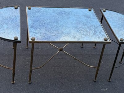 1970s Tripartite Bronze Table, Tops in Aged Oxidized Mirror, Maison Baguès Style