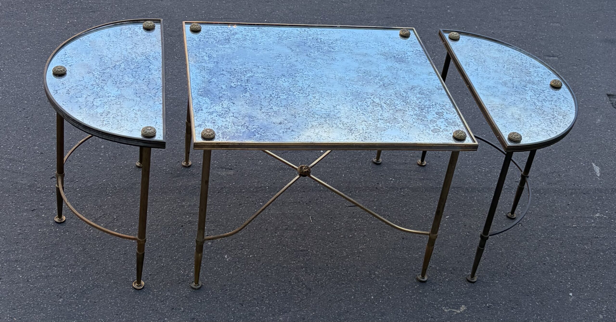 1970s Tripartite Bronze Table, Tops in Aged Oxidized Mirror, Maison Baguès Style