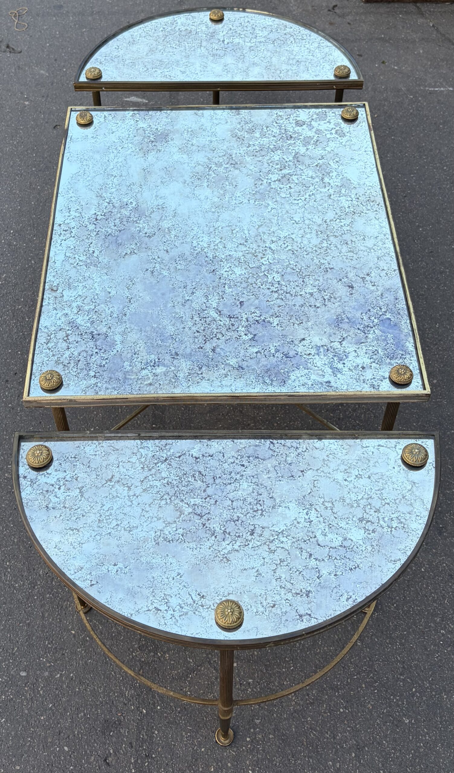 1970s Tripartite Bronze Table, Tops in Aged Oxidized Mirror, Maison Baguès Style - Image 5