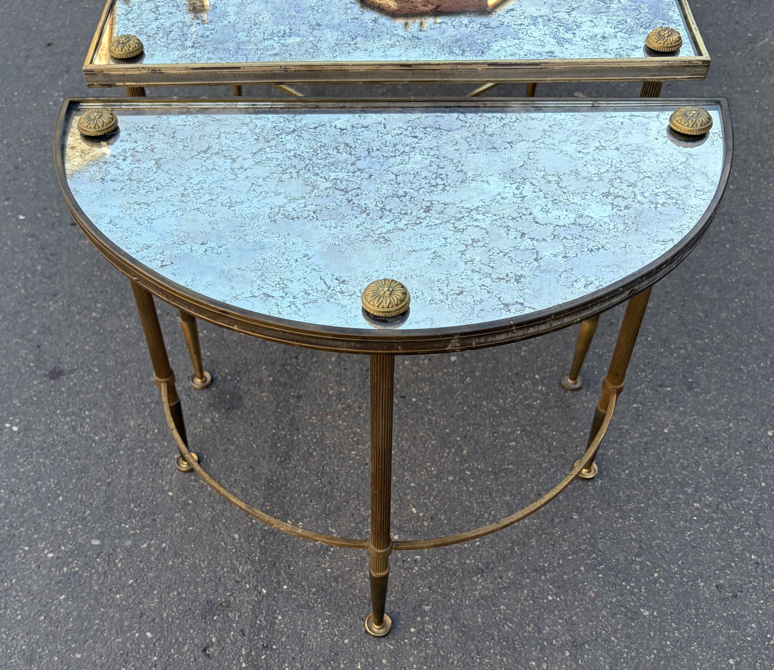 1970s Tripartite Bronze Table, Tops in Aged Oxidized Mirror, Maison Baguès Style - Image 6
