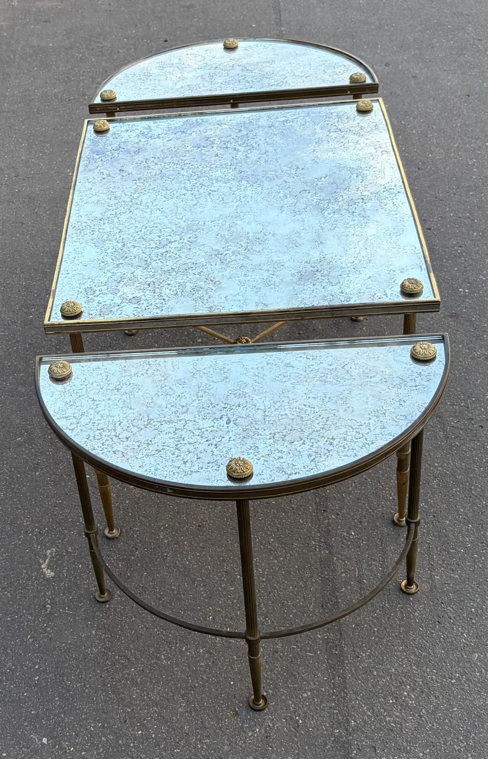 1970s Tripartite Bronze Table, Tops in Aged Oxidized Mirror, Maison Baguès Style - Image 8