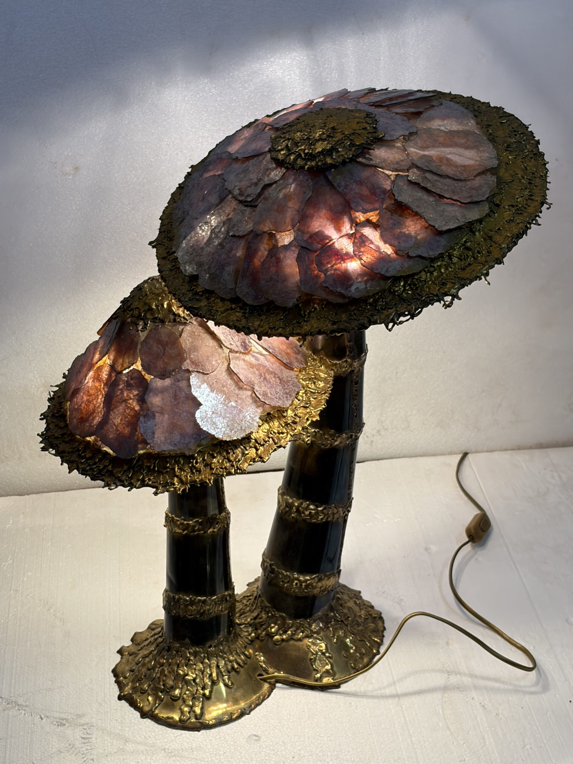 1970′ Lampe Champignon en Laiton Maison Jansen 2 Têtes Style Brutaliste ,Duval Brasseur Ou I.Faure