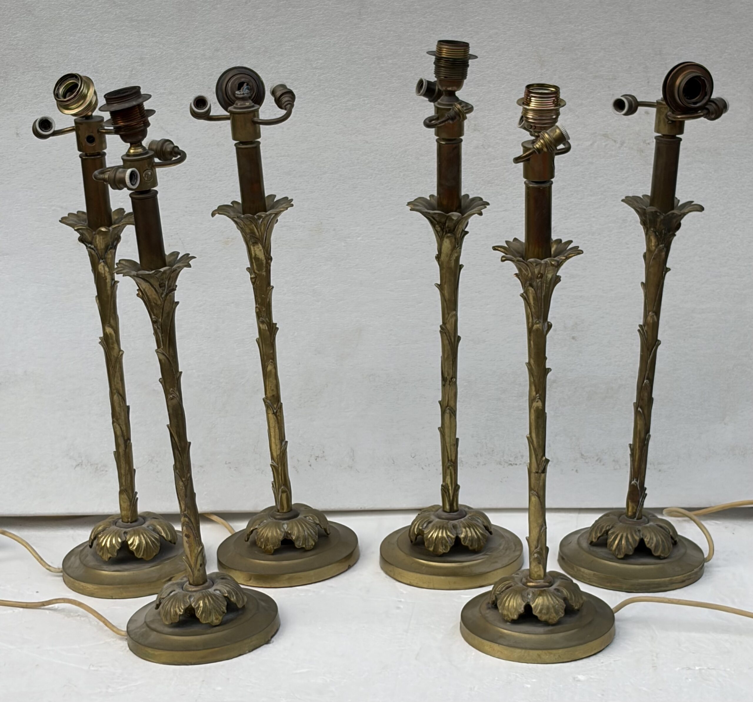 1970′ Série De 6 Lampes En Bronze Maison Bagués Decor Palmier H 65 Ø 18 cm